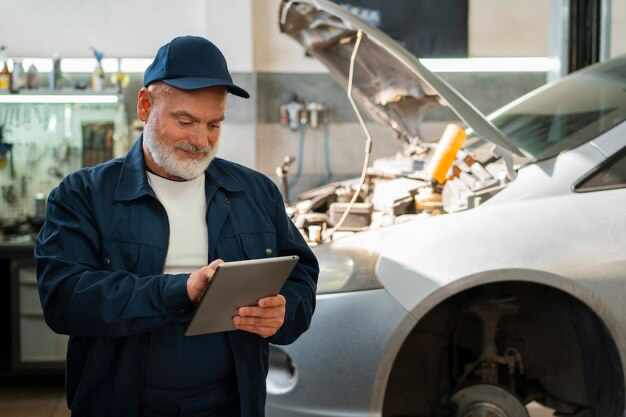 Male auto mechanic using a tablet to check a car